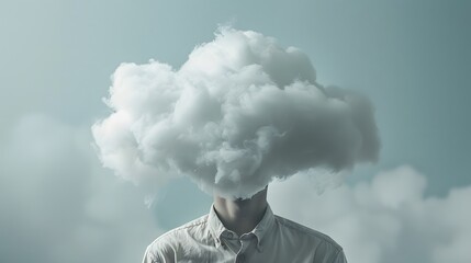  Man with Head in Clouds on Light Background, Conceptual Representation of Confusion