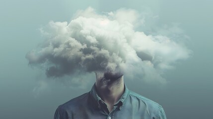  Man with Head in Clouds on Light Background, Conceptual Representation of Confusion