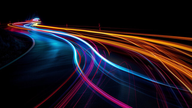 A vibrant light trail created by a motorcycle speeding down a dark road, showcasing movement