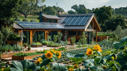 Obraz premium Sustainable Living Abundance: An abundant sustainable living setting with edible gardens, solar panels
