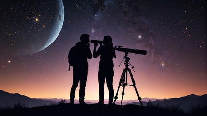 People observing the sky through a telescope. Dark night. Starry sky. Milky Way. Generative AI.


