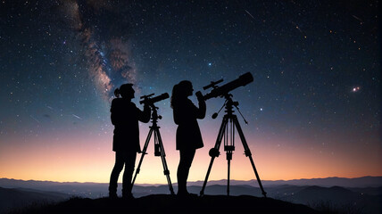 People observing the sky through a telescope. Dark night. Starry sky. Milky Way. Generative AI.

