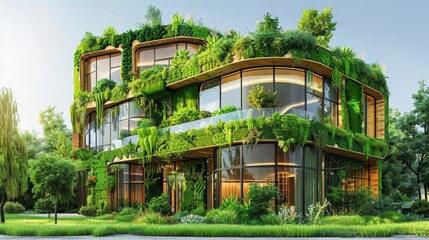 Sustainable Living Green Architecture: A 3D vector illustration of a green building with passive solar design