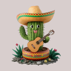 Free Vector Cinco De Mayo Cactus holds a tiny guitar Cute Cartoon Illustration Isolated White Background, generative Ai