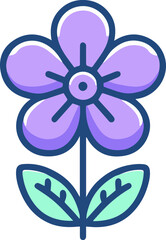 A simple flower with five petals colored in purple with a blue outline. The stem has two green leaves with a blue outline.