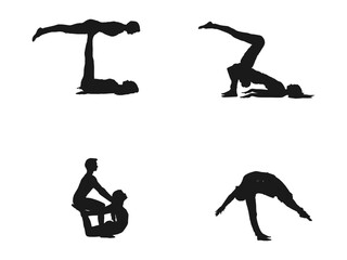 acro yoga silhouettes Icon Silhouette Illustration. Couple Vector Graphic Pictogram Symbol Clip Art. Doodle Sketch Black Sign. Set of editable vector silhouettes of man and woman. on white background.