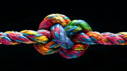 A colorful rope with two colored knotted ends, each knot holding onto the other's end, symbolizing strength and unity on a dark background.
