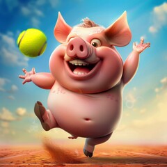 A cartoon pig is playing with a tennis ball. The pig is happy and energetic, and the scene is playful and fun