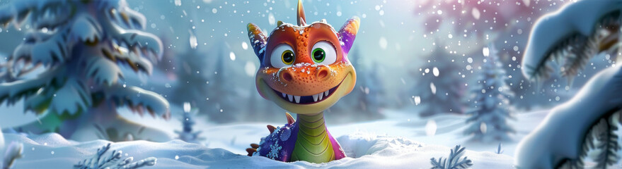 A cartoon dragon is in the snow, with its mouth open and teeth showing. The dragon is smiling and he is enjoying the cold weather