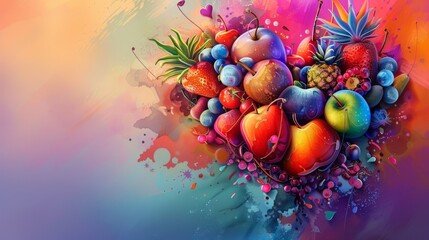 A colorful painting of a heart filled with various fruits and vegetables. The painting conveys a sense of abundance and health, as well as a celebration of nature's bounty