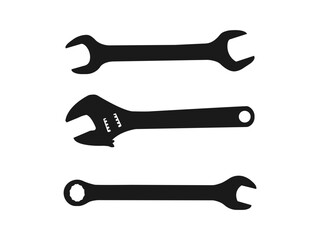 Set of wrenches. Black flat icons. Construction tool collection - vector silhouette. Tools vector wrench icon. Spanner logo. Black illustration isolated on white background for graphic and web design.