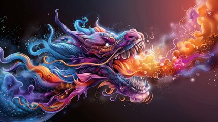 A colorful dragon with a fiery mouth is depicted in the image. The dragon is surrounded by a stream of colorful fire, which adds to the overall vibrant and dynamic atmosphere of the scene