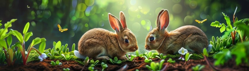 Two rabbits are sitting in a grassy field. One of the rabbits is looking at the other