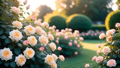 white and pink roses in a garden