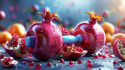 A close up of a pair of dumbbells with a pile of fruit on the ground. The fruit includes oranges, apples, and pomegranates