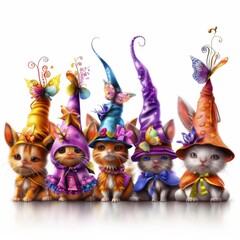 A group of five cats wearing colorful hats and costumes, including a bunny and a butterfly. The image has a whimsical and playful mood, with the cats looking cute and adorable