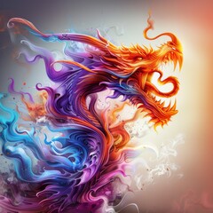 A colorful dragon with a mouth open and smoke coming out of it. The dragon is surrounded by a purple, blue, and orange swirl
