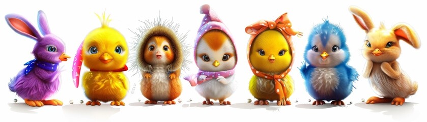 A group of cartoon birds are standing in a row, with one of them wearing a scarf. The birds are all different colors, including yellow, blue, and purple. The scene is cheerful and playful