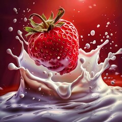 A strawberry is floating in a splash of milk