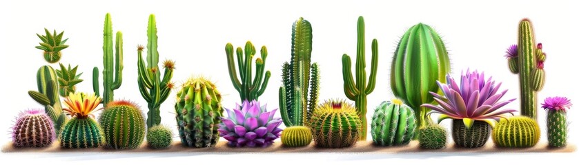 A row of cacti with some purple flowers. The cacti are of different sizes and colors