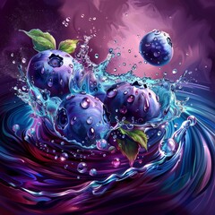 A painting of blueberries in a splash of water. The blueberries are surrounded by water droplets and the painting has a dreamy, whimsical feel to it