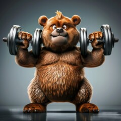 A cartoon bear is lifting weights in a gym. The bear is smiling and he is enjoying the workout. Concept of fun and lightheartedness, as if the bear is just having a good time lifting weights