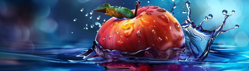 A red apple is floating in a blue body of water. The apple is surrounded by water droplets, giving the impression of a splash or a splash of water. Concept of freshness and vitality