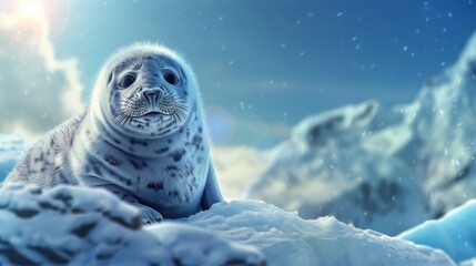 A seal is standing on a snowy mountain. The image has a serene and peaceful mood, as the seal is alone and he is enjoying the cold weather