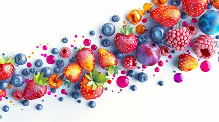 A colorful fruit display with strawberries, blueberries, and raspberries. Concept of abundance and freshness, as well as a celebration of nature's bounty