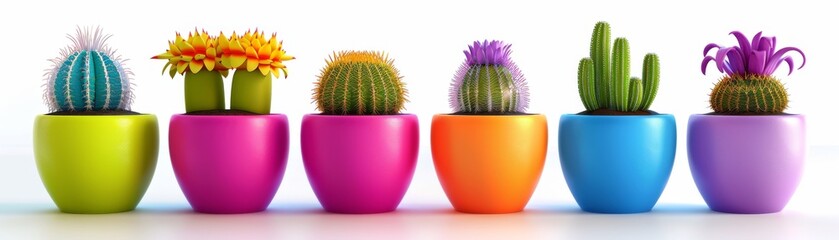 A row of colorful potted plants, including a yellow and orange one, sit on a white background