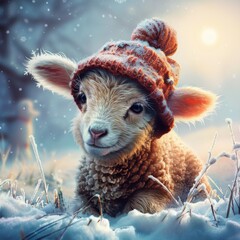 A cute little lamb wearing a red hat and sitting in the snow. The image has a warm and cozy feeling, evoking a sense of winter wonderland and the innocence of childhood