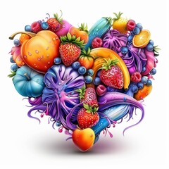A colorful heart made of fruits and vegetables. The heart is full of a variety of fruits and vegetables, including apples, oranges, bananas, strawberries, and raspberries. The colors are bright