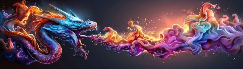 A colorful dragon is spewing out a rainbow of colors. The dragon is surrounded by a stream of smoke, which is also colorful. Concept of magic and wonder, as well as the power and beauty of the dragon