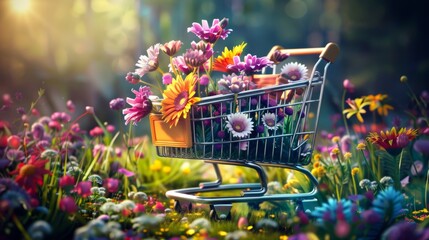 A shopping cart filled with flowers is in a field of flowers. The cart is surrounded by a variety of flowers, including daisies, roses, and sunflowers. The scene is bright and cheerful