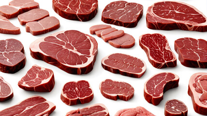 Meat arranged neatly, top view, perfect meat pieces for online promotion. Generative AI.

