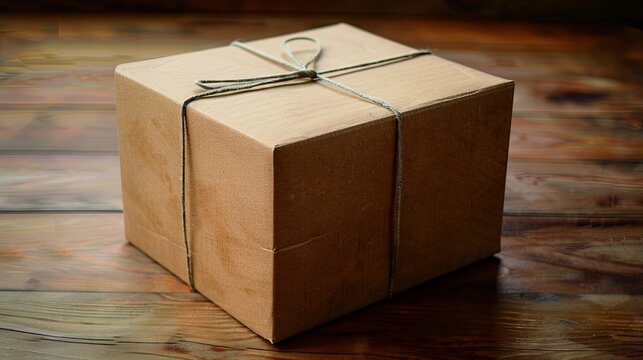 Close-up of a brown cardboard package on a wooden floor