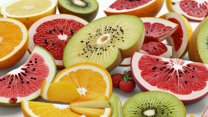 Sliced fruit pieces on a white background, top view, business promotion. Generative AI.

