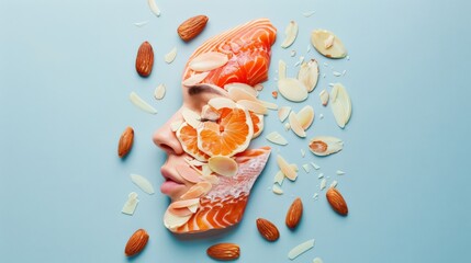 Conceptual photo of a skin outline adorned with skin-nourishing foods like salmon and almonds - 798619537