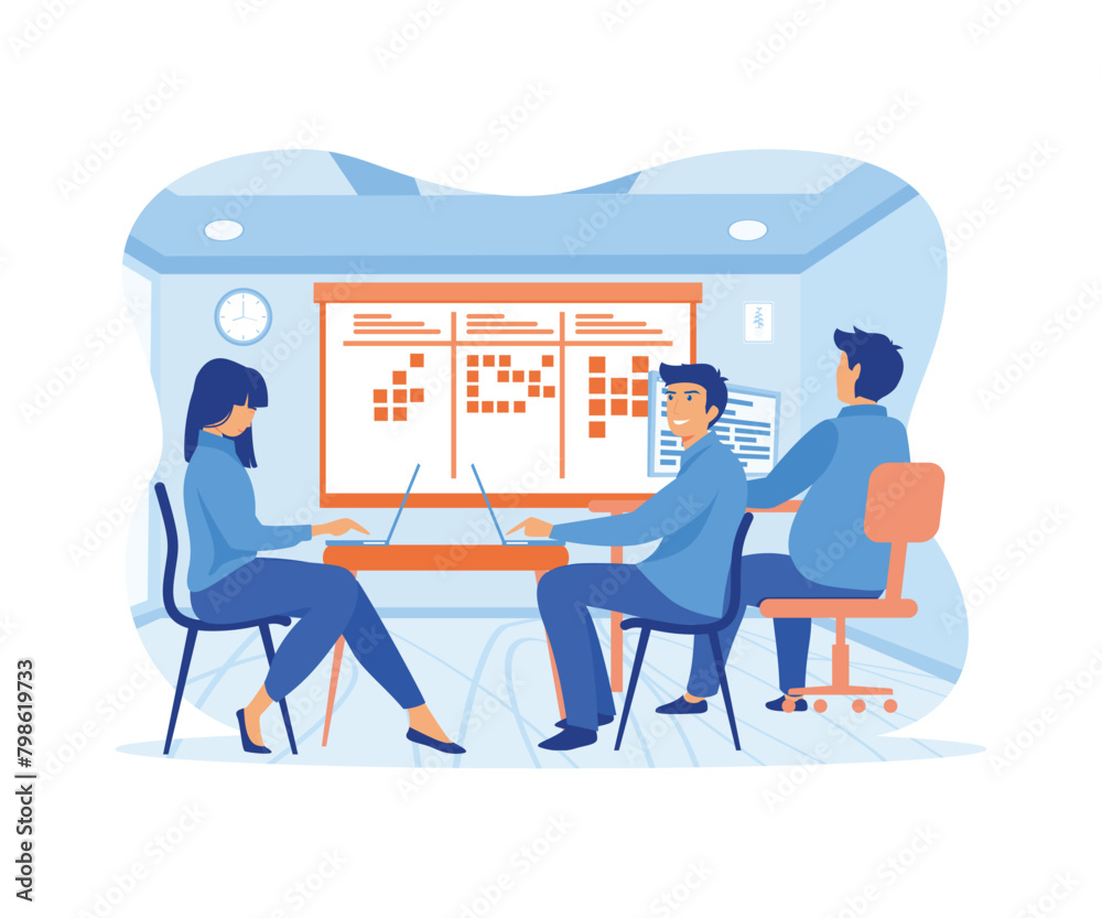 Poster agile business team of programmer working and make some planning on the scrum board. whiteboard and 