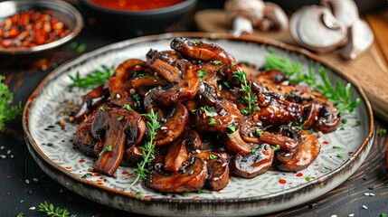 Savory grilled mushrooms garnished with fresh herbs on rustic plate