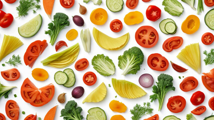 Sliced fruit pieces on a white background, top view, business promotion. Generative AI.

