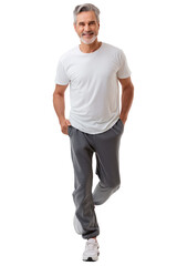 Relaxed Mature Man in White T-shirt and Grey Trousers