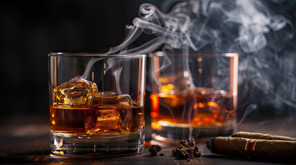 Elegant whiskey glasses with ice and cigar on wooden background