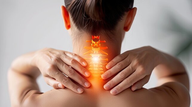Woman experiencing neck pain with highlighted spine