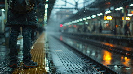 train station , low angle view man waiting in for train , rain time image 