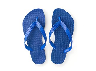  Blue flip flops isolated on white background,  A pair of simple summer slippers with rubber sole and wide strap for beach or swimming 