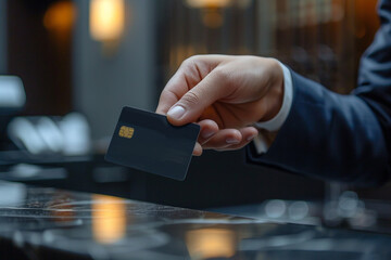 Business man using credit card at hotel