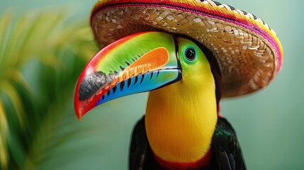 Naklejka premium Colorful toucan in a sombrero on turquoise background