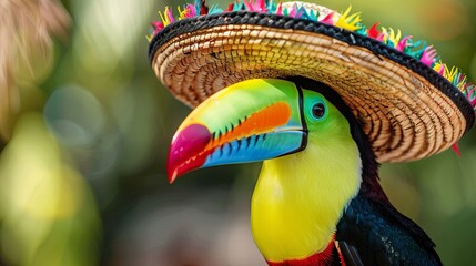 Naklejka premium Colorful toucan bird wearing a vibrant sombrero