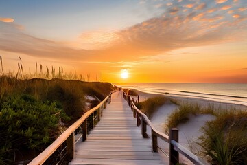 Long boardwalk leading to the white sand beach and ocean water at sunset with few shrubs on sides. - Powered by Adobe